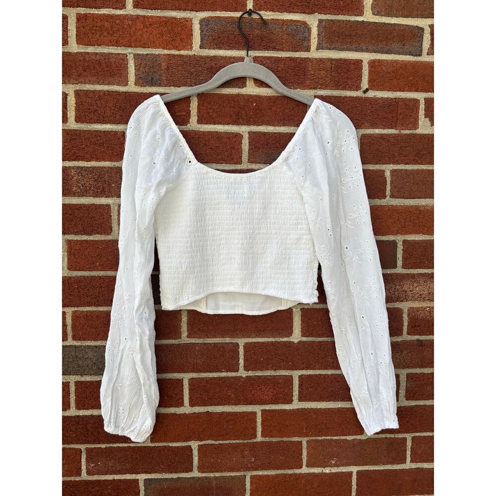 Hollister White Eyelet Crop Top Womens XS Long Sleeve Peasant Cottagecore Blouse - Picture 7 of 7